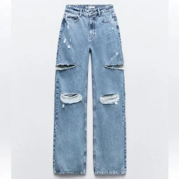 【MODERNIF】Once Straight Denim Pants Zara | Jeans | Zara Z975 Mid Waist Ripped Cut Out Straight